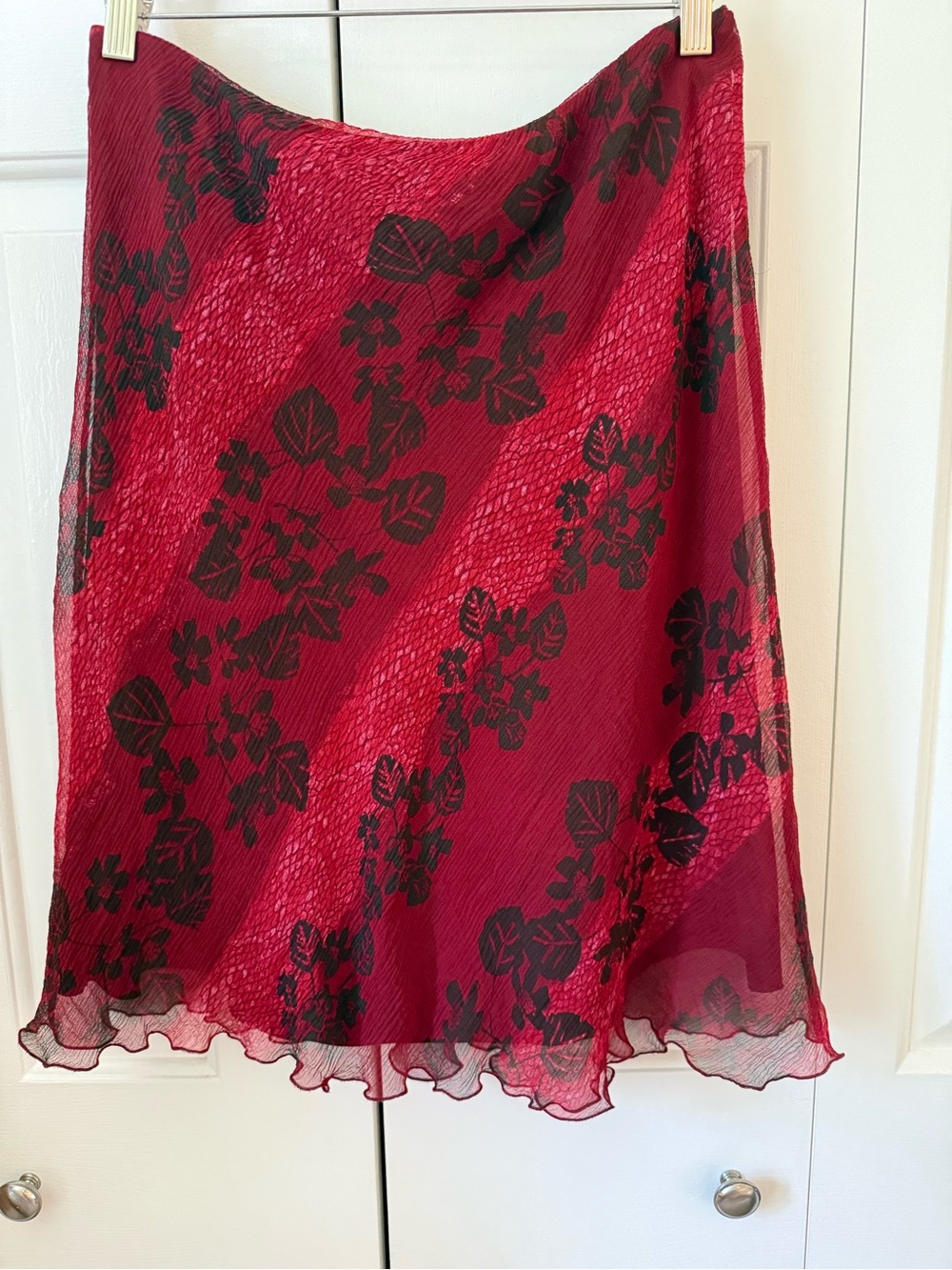 Hillard & Hanson Red A-Line Skirt with Black Floral Overlay